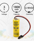 2 Pack 3V 1800mAh Lithium Battery Replacement For Allen Bradley 1770 XYC 1770 XYC A 9556902 shown with specifications