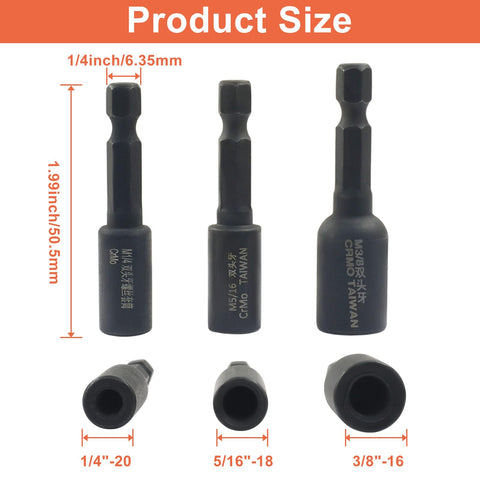 Rock Solid Three Piece Hanger Bolt Drivers For Threaded Rod Installation sizes 1/4-20, 5/16-18, 3/8-16 in high torque alloy steel.