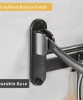 Close-up of wall-mounted oil rubbed bronze 24 inch towel rack with durable base and adjustable towel bar.
