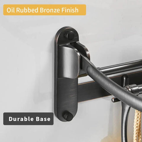 Close-up of wall-mounted oil rubbed bronze 24 inch towel rack with durable base and adjustable towel bar.