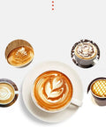 Overhead view of five cups with various latte art designs in coffee, showcasing patterns like leaves and flowers.