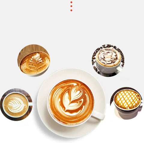 Overhead view of five cups with various latte art designs in coffee, showcasing patterns like leaves and flowers.