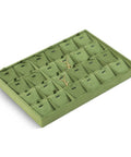 Top Shelf Velvet Jewelry Tray With 24 Individual Sections For Pendants Folded Chains And Stud Earrings Soft Touch Holder with green compartments.