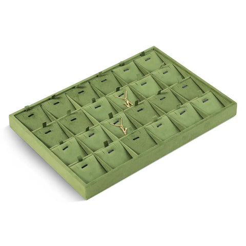 Top Shelf Velvet Jewelry Tray With 24 Individual Sections For Pendants Folded Chains And Stud Earrings Soft Touch Holder with green compartments.