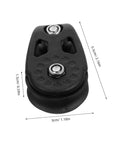 Close-up of nylon single sheave block from Kayak Anchor Trolley Kit with dimensions