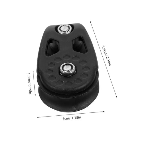 Close-up of nylon single sheave block from Kayak Anchor Trolley Kit with dimensions