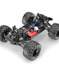 Exposed chassis of Volcano One Sixteenth Scale RC Monster Truck With Four Wheel Drive, LED Headlights, 2.4GHz Radio, Li-ion batteries