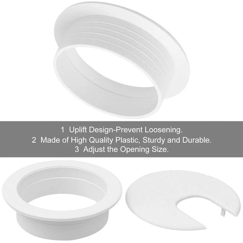 20 Pack Heavy Duty Black Desk Grommets And Cable Hole Cover Caps For No Sweat Cable Management With A Snazzy Home Office Setup Solid Plastic Wire Grommets in white shown from multiple angles.