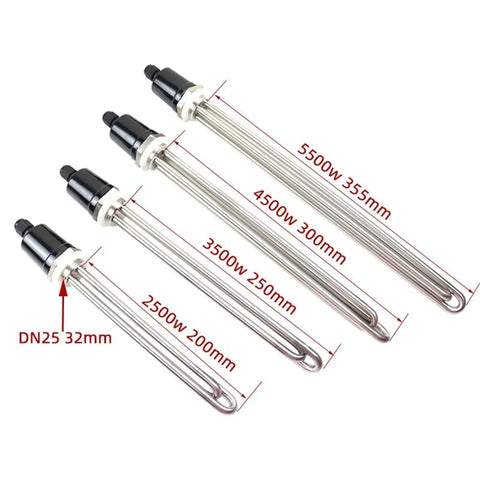 4 Heavy Duty 5500 Watt 220V Immersion Water Heater elements with DN25 threads and stainless steel bodies in various sizes.