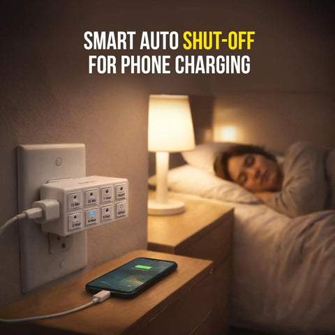 TimerMax Indoor Countdown Timer With One Outlet Six Handy Presets in bedroom charging phone by lamp.