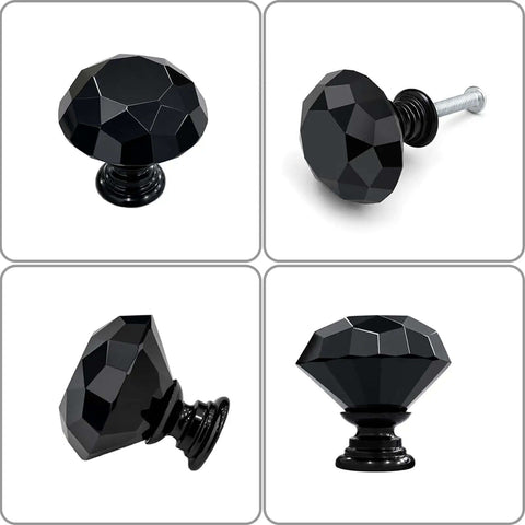 Six Black Diamond Crystal Glass Cabinet Knobs 30mm Set for Dressers and Cabinets displaying multiple angles