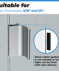Chrome Glass Sliding Shower Door Pull Handle For 3/16 And 1/4 Inch Thick Glass showing fit for frameless doors with rubber gasket detail.