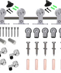 Top Mount 10 Foot Sliding Barn Door Hardware Kit In Stainless Steel Heavy Duty Track For Double Wood Doors Ultra Smooth And Quiet Operation No Fuss Install T Style Built To Last Farmhouse Hardware components including track, rollers, and screws, displaying kit assembly parts.