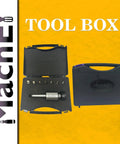 Tool box with Shank Rotary Broach Kit With ER16 Adapter and 7 square broaches for machining, shown open and closed