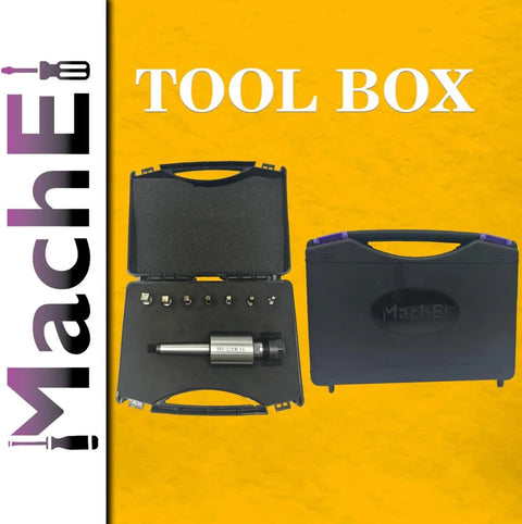 Tool box with Shank Rotary Broach Kit With ER16 Adapter and 7 square broaches for machining, shown open and closed