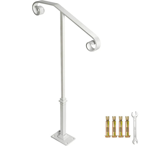 Indoor Wooden Stair Hand Rail With Wall Mount And Metal Brackets, white finish, upright view with installation hardware included.