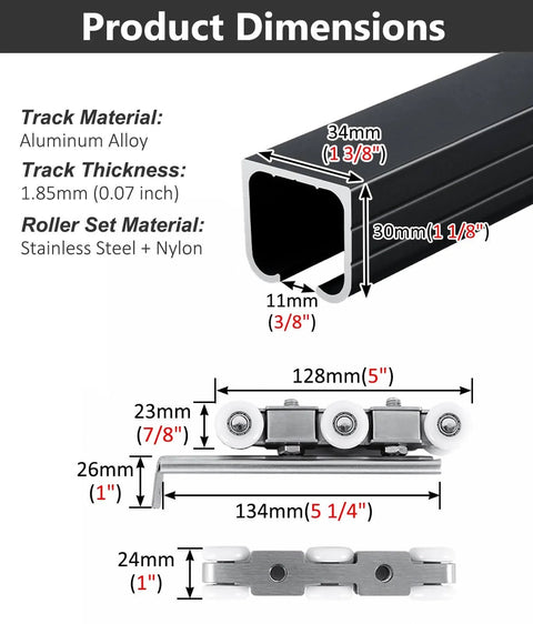 Ceiling Mounted Sliding Door Track Kit With Bypass Pocket Hardware, 6 Wheel Set, Heavy Duty Aluminum 1.85mm Track dimensions