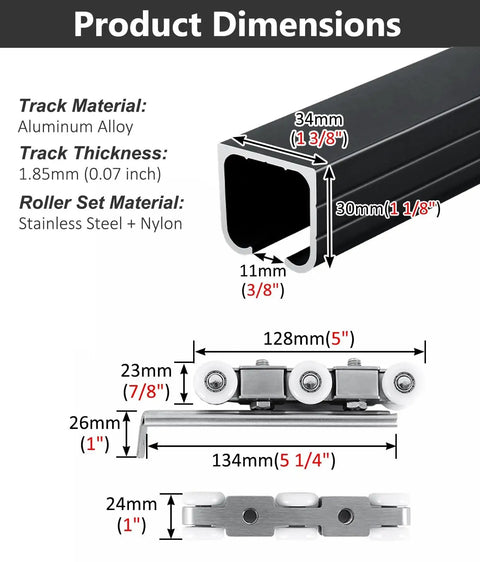 Diagram showing dimensions of 24ft Sliding Barn Door Track System Kit for Ceiling Mount, aluminum alloy material.