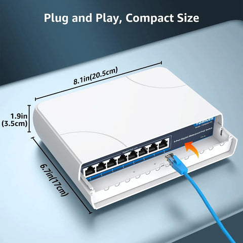 Outdoor 8 Port PoE Switch With Waterproof Housing, Rugged Gigabit Unmanaged Network Switch, compact size, plug-and-play