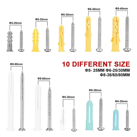 Plastic Drywall Anchors And Screws Kit Premium 300 Piece Assortment In 4 Colors And 10 Sizes With Self Drilling Stainless Steel Screws