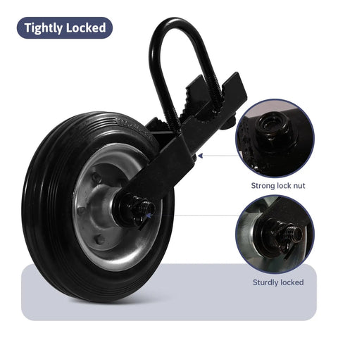 Gate Support Wheel For Metal Swing Gate Adjustable 1-5/8 Inch To 2-1/8 Inch Frames Keeps Gate From Dragging On The Ground Fits Chain Link Fences Black 1 Pack Now shown locked with detailed view of the strong lock nut.