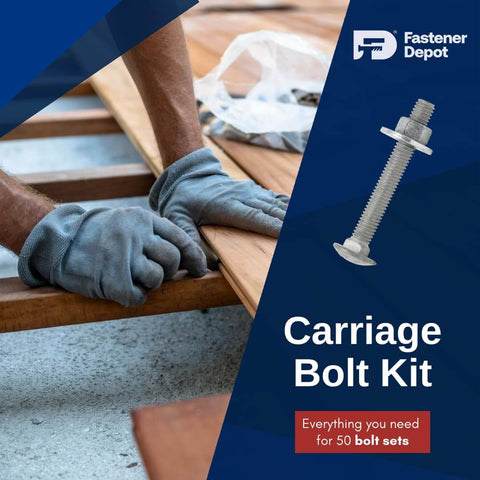 Hands installing wood using Five Sixteenth By Eighteen Fully Threaded Carriage Bolt Kit For Exterior Use With Hot Dipped Galvanized Finish Heavy Duty Outdoor Grade A307 Includes Fifty Flat Washers And Fifty Hex Nuts Coarse Thread And Self Locking Head Design.