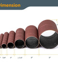 Pro Grade 4.5 Inch Sanding Sleeves Set For Spindle Sander Aluminum Oxide 18 Piece Assortment in various diameters lined up.