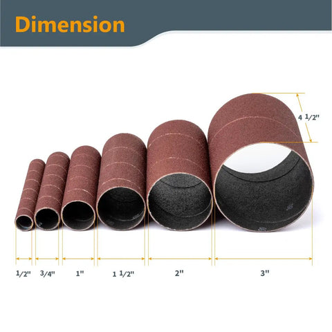 Pro Grade 4.5 Inch Sanding Sleeves Set For Spindle Sander Aluminum Oxide 18 Piece Assortment in various diameters lined up.