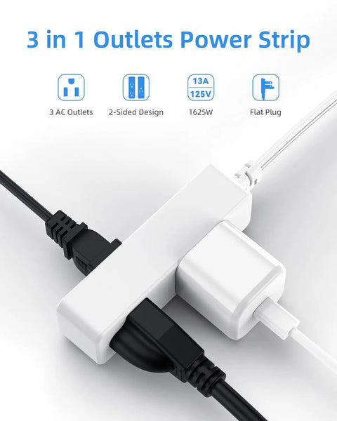 Flat Plug Extension Cord With 3 Outlets For Indoor Use, Low Profile White 3 Ft Power Strip With 3 Prongs Grounded in use