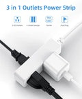 Six Foot Flat Plug Extension Cord With Three Grounded Outlets, Ultra Slim White Power Strip for tight corners and wall setups.