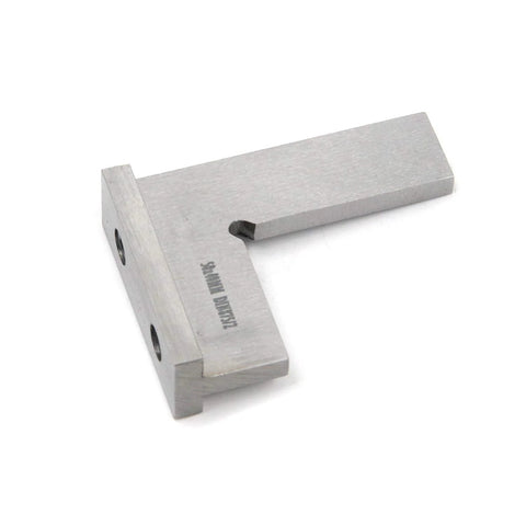 Close-up of Tulead machinist square, silver metal right-angle woodworking tool, 50x40 mm.