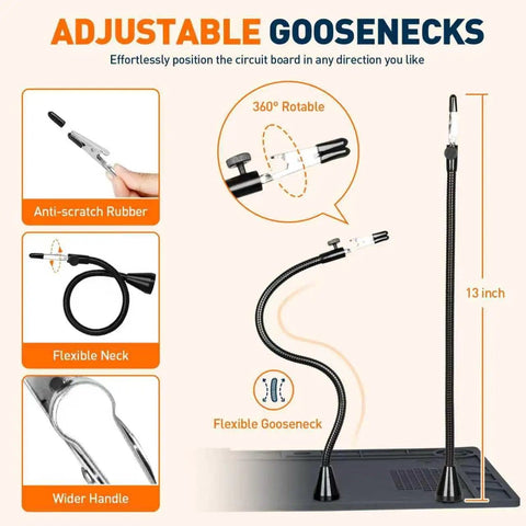 Helping Hands Soldering Station With Silicone Mat, 4 PCB Arms, Flexible Goosenecks, Adjustable Positions, Anti-Scratch Rubber Tips
