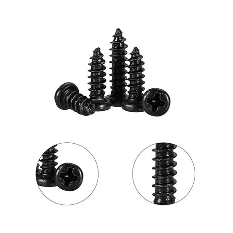 Close-up of screws from a 400 Piece Cross Pan Head Wood Screws Set Stainless Steel Self Tapping M2 And M2.6 Assortment Kit.