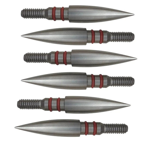 Stainless Steel Screw In Field Point Arrowheads Set For Archery 100 125 150 200 300 Grains, 5 arrowheads with red rings.