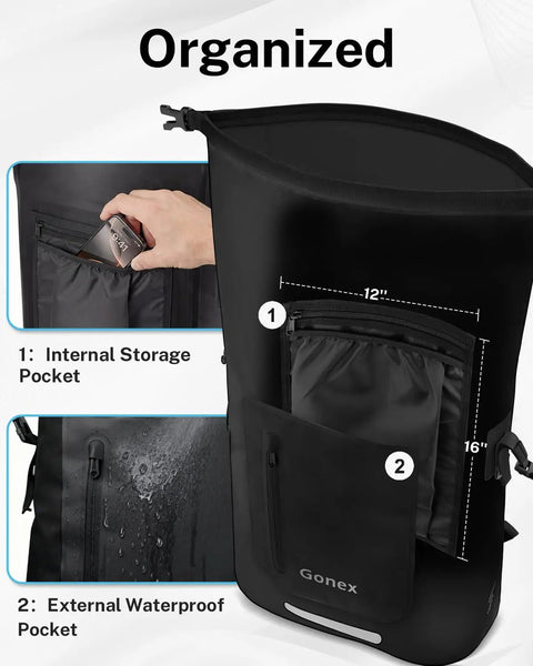 Ultralight Waterproof TPU Backpack 35L Roll Top Dry Bag with padded back panel showcasing internal and external pockets, black.