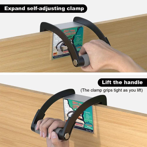 One Hand Plywood Carrier and Panel Lifter Clamp for Drywall and Sheet Goods, Single Person Carry Handle in use on wood panel.