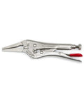 Close-up of 6 inch long nose pliers from 5 Piece Pro Grade Locking Pliers Set With Curved Jaw And Long Nose Pliers Featuring Wire Cutter Includes 5, 7, And 10 Inch Curved Jaw Pliers And 6 And 9 Inch Long Nose Pliers Plastisol Grip Comfort And Adjustable Screw, showing metal construction and plastisol grip.