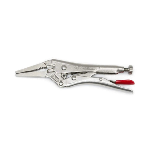 Close-up of 6 inch long nose pliers from 5 Piece Pro Grade Locking Pliers Set With Curved Jaw And Long Nose Pliers Featuring Wire Cutter Includes 5, 7, And 10 Inch Curved Jaw Pliers And 6 And 9 Inch Long Nose Pliers Plastisol Grip Comfort And Adjustable Screw, showing metal construction and plastisol grip.