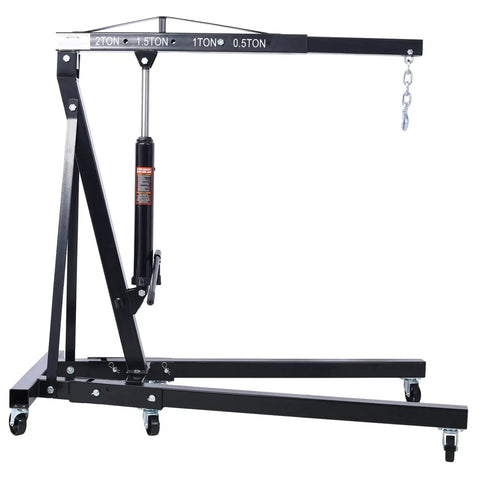 Heavy Duty 2 Ton Folding Engine Hoist Cherry Picker Shop Crane showcasing a sturdy steel frame and six smooth-rolling casters.