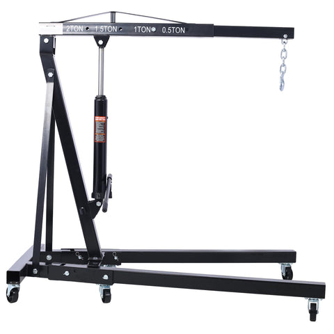 Hella Stable 2 Ton Folding Engine Hoist Cherry Picker with hydraulic lift and iron caster wheels, designed for heavy duty lifting tasks.