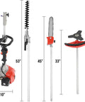 Beast Mode Gas Powered 6 In 1 Weed Eater Yard Tool With 52cc 2 Stroke Engine Includes String Trimmer Brush Cutter Pole Saw Hedge Trimmer And More 9500 RPM 120cc Oil Tank Bright Orange displayed with dimensions.