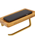 Straight Up Solid Wooden Bathroom Cell Phone Holder With Wall Mount Toilet Paper Stand And Premium Tissue Roll Dispenser on golden metal base