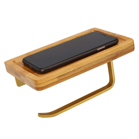 Straight Up Solid Wooden Bathroom Cell Phone Holder With Wall Mount Toilet Paper Stand And Premium Tissue Roll Dispenser on golden metal base