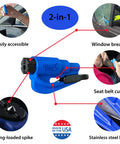 Diagram of Emergency Keychain Car Escape Tool Pack Of 2, 2-In-1 Seatbelt Cutter And Window Breaker, Lifesaving Compact Hammer Made In USA Safety Yellow, showcasing features like spring-loaded spike and stainless steel blade.
