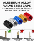 4 Piece Heavy Duty Aluminum Tire Valve Stem Caps For Tesla Cybertruck 2024 To 2026 in various colors, showing compatibility with Schrader valves.