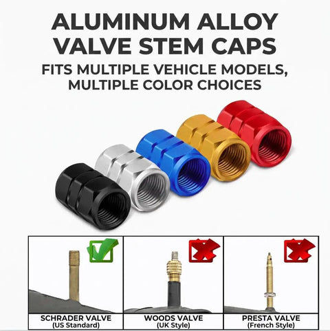 4 Piece Heavy Duty Aluminum Tire Valve Stem Caps For Tesla Cybertruck 2024 To 2026 in various colors, showing compatibility with Schrader valves.