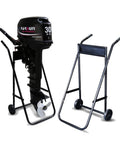 Heavy Duty Outboard Motor Stand Cart With Two Wheels, Built To Last Workhorse Steel Engine Carrier For Boats Up To 165 Lbs, Easy Hand Dolly For Storage, Transport, And Quick Repairs with motor installed and empty view