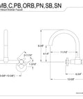 Technical diagram of Concord 8-Inch Adjustable Center Wall Mount Kitchen Faucet with dimensions and installation guide.