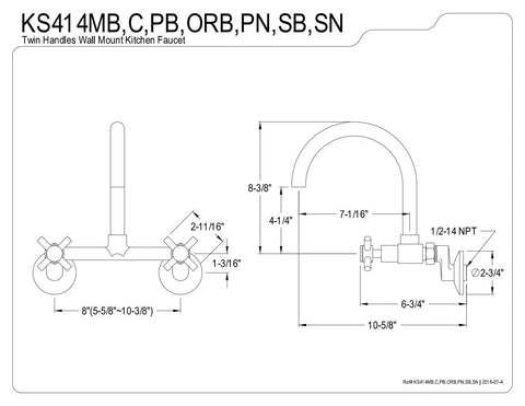 Technical drawing of Concord 8 Inch Adjustable Center Wall Mount Kitchen Faucet in brushed brass with dimensions.