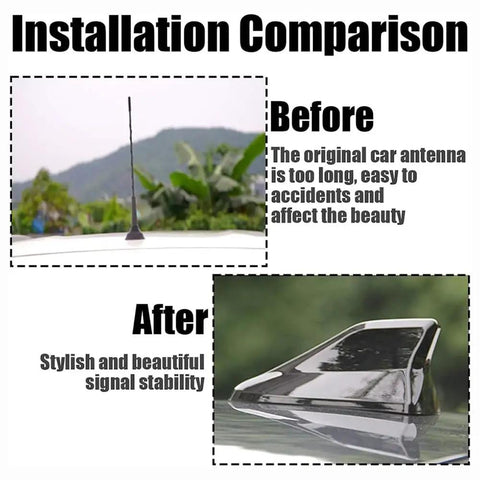Installation comparison showing before and after with Shark Fin Antenna Cover For Chevy Traverse 2018 To 2025 SUV Roof Cap Waterproof Dustproof Sunproof Shark Fin Style Decoration Street Ready Car Exterior Accessory.